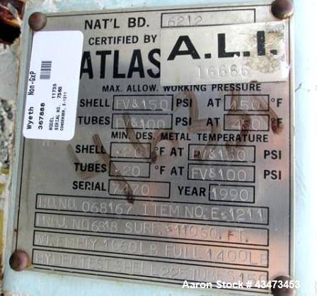 Used Atlas Shell & Tube Heat Exchanger, 110 Square Feet. Hastelloy C276 tubes tube sheets and bonnets with (141) .75" diameter x 48" long tubes rated 100 psi and full vacuum at 450 f, carbon steel sh...