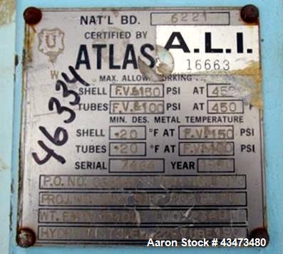 Used Atlas Shell & Tube Heat Exchanger, 204 Square Feet. Hastelloy C276 tubes tube sheets and bonnets with (260) .75" diameter x 48" long tubes rated 100 psi and full vacuum at 450 f, carbon steel sh...