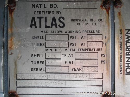 Used Atlas Shell & Tube Heat Exchanger, 687 Square Feet. Hastelloy C22 tubes, tube sheet and bonnets. (350) .75" Diameter x 10' long tubes rated 100 psi and full vacuum at 450 degrees F. Carbon steel...