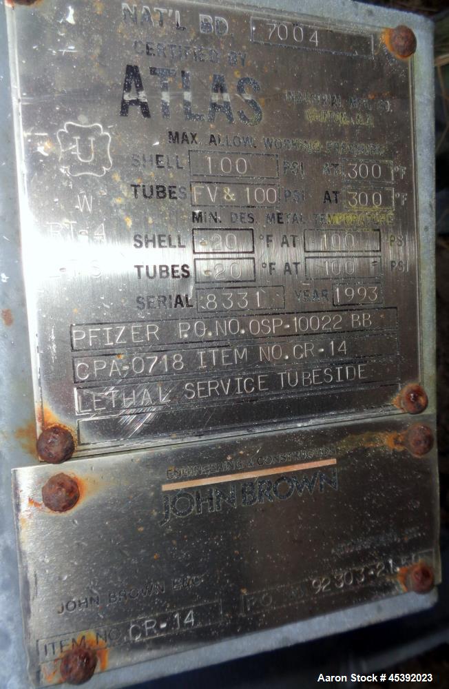 Used Atlas Shell & Tube Heat Exchanger, Approximate 255 Square Feet