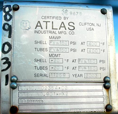 USED: Atlas four pass shell and tube heat exchanger, 561 square feet, horizontal. Hastelloy C276 shell rated FV and 150 psi at 400 deg F, (144) 3/4" diameter x 20' long Hastelloy C276 tubes rated FV ...