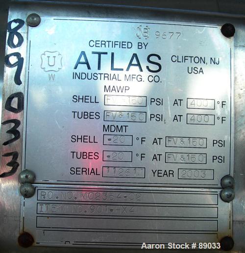USED: Atlas four pass shell and tube heat exchanger, 561 square feet, horizontal. Hastelloy C276 shell rated FV and 150 psi at 400 deg F, (144) 3/4" diameter x 20' long Hastelloy C276 tubes rated FV ...