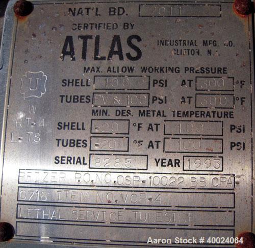 Used- Atlas Single Pass Shell and Tube Heat Exchanger, 102 square feet, horizontal, type BEM10-120. Carbon steel shell rated...