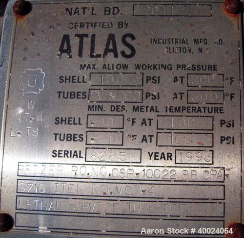 Used Atlas Single Pass Shell and Tube Heat Exchanger, 102 square feet, horizontal, type BEM10-120. Carbon steel shell rated 100 psi at 300 deg F, carbon steel baffles and expansion ring. (52) 3/4" di...