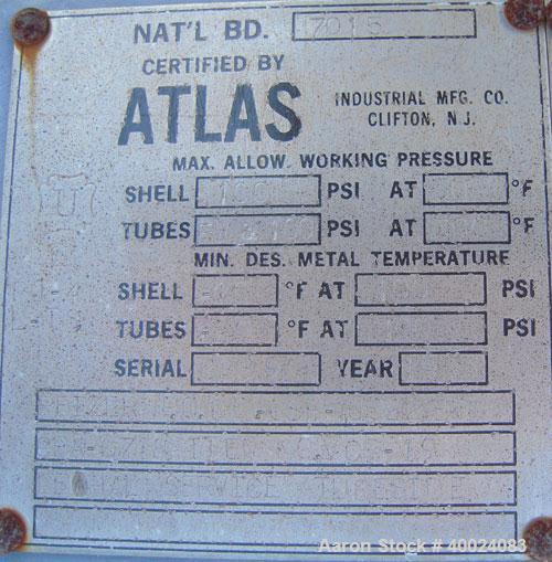 Used- Atlas Single Pass Shell And Tube Heat Exchanger, 102 square feet, horizontal. Type BEM10-120. Carbon steel shell rated...