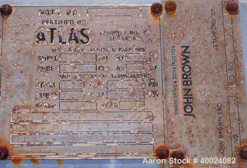 Used Atlas Single Pass Shell And Tube Heat Exchanger, 226 square feet, horizontal. Type BEM14-120. Carbon steel shell rated 100 psi at 300 deg.f., carbon steel baffles, and expansion ring. (118) 3/4"...