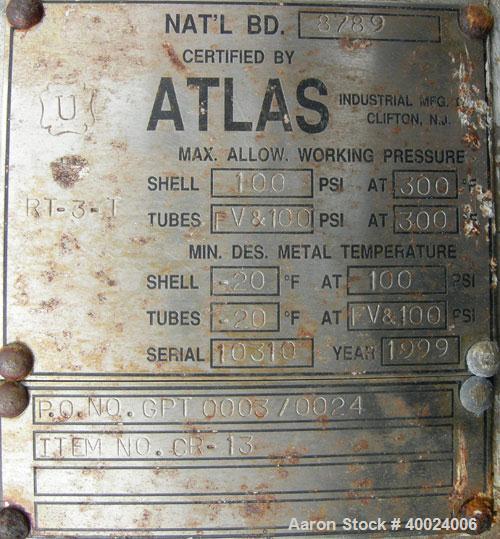 Used Atlas Shell And Tube Heat Exchanger, 276 square feet, horizontal. Type BEM16-108. 316L stainless steel shell rated 100 psi at 300 deg.f.. (160) 3/4" diameter x 108" long hastelloy C-22 tubes rat...