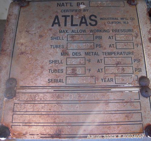 Used- Atlas Shell And Tube Heat Exchanger, 282 square feet, horizontal. Type BEM16-108. 316L stainless steel shell rated 100...