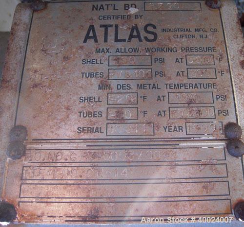 Used Atlas Shell And Tube Heat Exchanger, 282 square feet, horizontal. Type BEM16-108. 316L stainless steel shell rated 100 psi at 300 deg.f., (160) 3/4" diameter x 9' long hastelloy C-22 tubes rated...