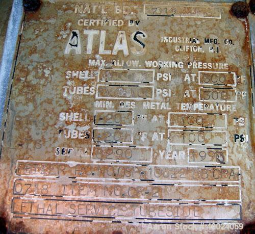 Used Atlas Single Pass Shell And Tube Heat Exchanger, 399 square feet, horizontal. Type BEM18-120. Carbon steel shell rated 100 psi at 300 deg.f., carbon steel baffles, and expansion ring. (208) 3/4"...