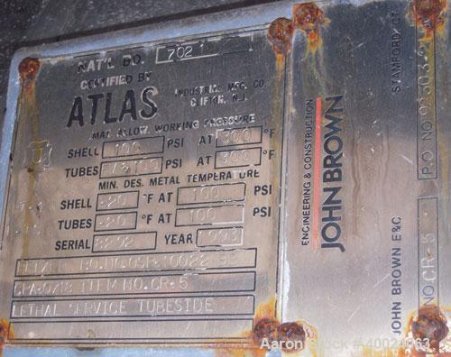 Used Atlas Single Pass Shell and Tube Heat Exchanger, 399 square feet, horizontal, type BEM18-120. Carbon steel shell rated 100 psi at 300 deg F, carbon steel baffles and expansion ring. (208) 3/4" d...