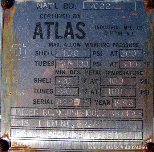 Used Atlas Single Pass Shell and Tube Heat Exchanger, 399 square feet, horizontal, type BEM18-120. Carbon steel shell rated 100 psi at 300 deg F, carbon steel baffles and expansion ring. (208) 3/4" d...