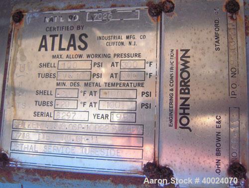 Used Atlas Single Pass Shell and Tube Heat Exchanger, 399 square feet, horizontal, type BEM18-120. Carbon steel shell rated 100 psi at 300 deg F, carbon steel baffles and expansion ring. (208) 3/4" d...