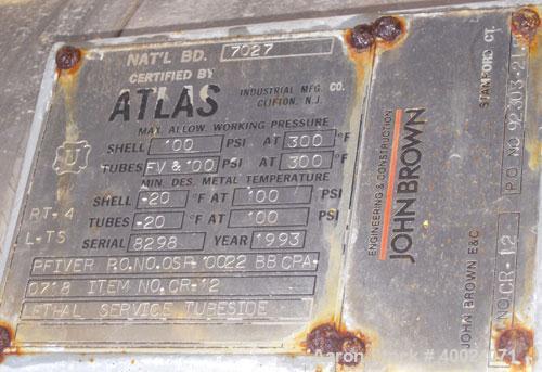 Used Atlas Single Pass Shell and Tube Heat Exchanger, 399 square feet, horizontal, type BEM18-120. Carbon steel shell rated 100 psi at 300 deg F, carbon steel baffles and expansion ring. (208) 3/4" d...