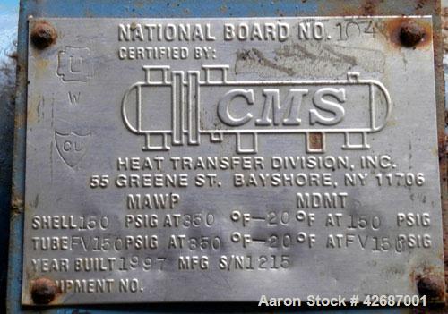Used CMS Heat Transfer Division Single Pass Shell & Tube Heat Exchanger, 107 Square Feet, Type BEM, Horizontal. Carbon steel shell rated 150 psi at -20 to 350 deg.F. (55) 3/4'' Diameter x 10’ long Ha...