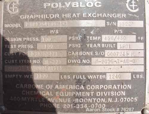 USED: Carbone Lorrain graphite heat exchanger, approximately 90 square feet. carbon steel shell and heads, model PBC13-4thu-1-6. Shell rated 100 psi at 250 deg F.Openings: heads (2) 5-1/2", shell (2)...