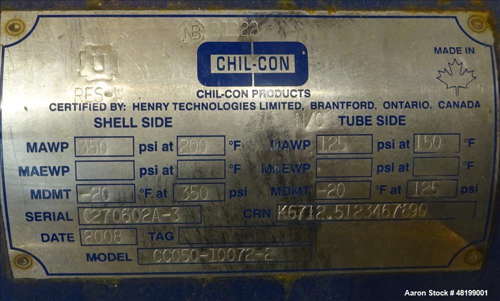 Used Chil-Con Shell & Tube Heat Exchanger, Approximate 82 Square Feet, Horizont
