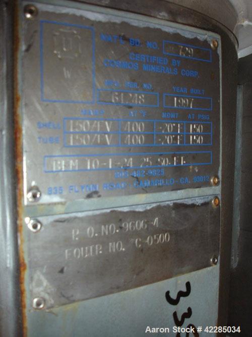Used Cosmos Shell And Tube Heat Exchanger, 25 Square Feet, Model BEM 10-1-24. Carbon steel shell rated 150 psi and Full Vacuum at 400 deg.f.. 24’’ Long Tantalum tubes 150 psi and Full Vacuum at 400 d...