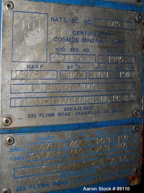 Used Cosmos Shell And Tube Heat Exchanger, 215 Square Feet, Type BEM 20-1-60, Vertical. Carbon steel shell rated 150 psi/FV at 400 deg F, tantalum tubes rated 150 psi/FV at 400 deg F.