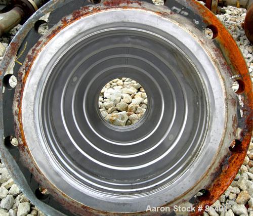 Used Cosmos Single Pass Shell And Tube Heat Exchanger, 123 square feet, vertical. Carbon steel shell rated 150 psi/FV at 400 deg F, (106) 3/4" diameter x 6' long tantalum tubes rated 150 psi at 400 d...