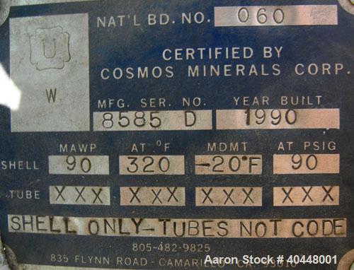 Unused- Cosmos Minerals multiple pass shell and tube heat exchanger, 34.5 square feet, horizontal. Carbon steel shell rated 90 psi at 320 deg F, (32) 3/4" diameter x 66" long tantalum tubes rated 90 ...