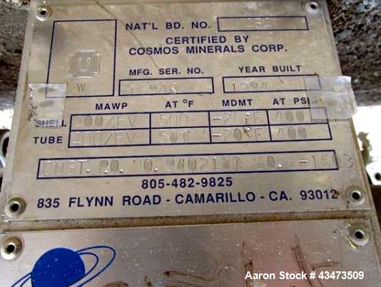 Used Cosmos Shell & Tube Heat Exchanger, 45 Square Feet. Hastelloy C22 tubes and bonnets. (76) 0.75" diameter x 32" long tubes rated 400 psi & Full Vacuum at 500 degrees F. 304 Stainless steel shell ...