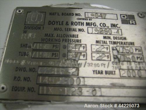 Used- Doyle & Roth Vertical Heat Exchanger, 32 Square Feet, Model VT861-3VE. (55) 3/4" Diameter x 36" long Hastelloy C276 tu...