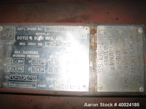 Used Doyle and Roth Shell and Tube Heat Exchanger, 420 Square Feet, Horizontal. Carbon steel shell rated FV/150 psi at 350 deg F, and –20 deg F at FV/150 psi. (268) 3/4" diameter x 8' long 316L stain...