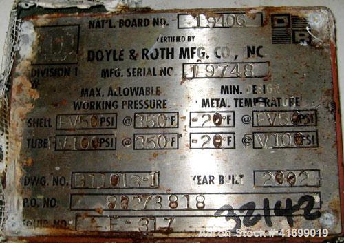 Used Doyle & Roth Heat Exchanger, 310 square feet. Hastelloy C276 tubes, tube sheets, and bonnets. (316) 3/4" diameter x 5' long tubes rated FV/100 psi at 350 deg F and -20 deg F at FV/100 psi. Carbo...