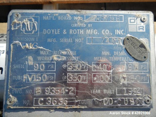 Used Doyle & Roth Shell & Tube Heat Exchanger, 13 Square Feet. Hastelloy C22 tubes, tube sheets and bonnet. (17) 0.75" Diameter x 48" long tubes rated 150 psi at +350/-100 degrees F. 304L Stainless s...