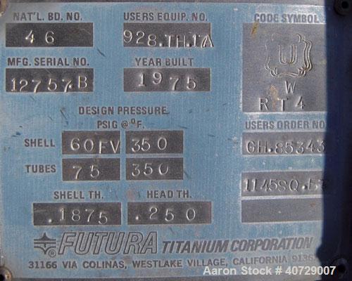 Used Horizontal Futura Titanium Corp 2 Pass Shell and Tube Heat Exchanger, 1143 square feet, type BEM 24-2-144