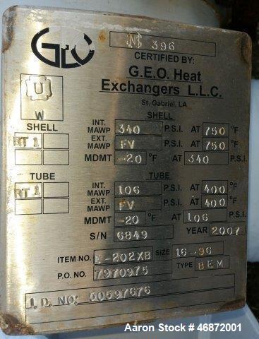 Used- G.E.O. Heat Exchangers Shell & Tube Heat Exchanger