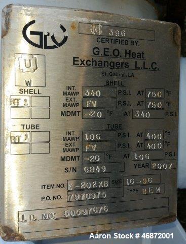 Used G.E.O. Heat Exchangers Shell & Tube Heat Exchanger