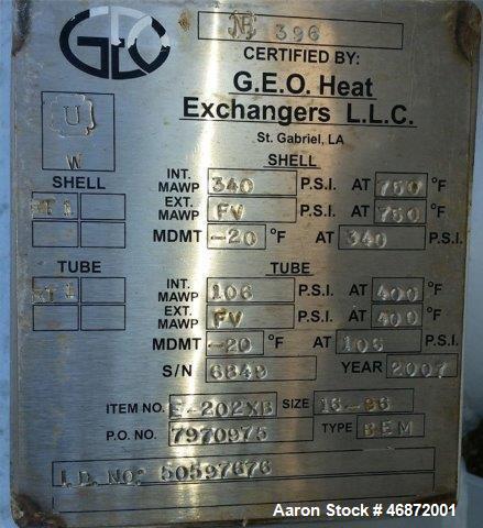 Used G.E.O. Heat Exchangers Shell & Tube Heat Exchanger