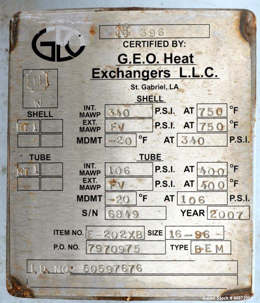 Used G.E.O. Heat Exchangers Shell & Tube Heat Exchanger