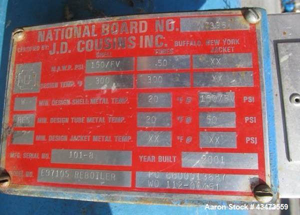 Used J.D. Cousins Shell & Tube Heat Exchanger, 335 Square Feet. Hastelloy C276 tubes, tube sheets and bonnets with (160) 1" diameter x 8' long tubes rated 50 psi & Full Vacuum at 300 degrees F. Carbo...