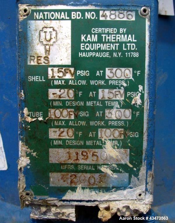 Used Kam Thermal Shell & Tube Heat Exchanger, 490 Square Feet. Hastelloy C276 tubes, tube sheets rated 100 psi & Full Vacuum at 300 degrees F. Hastelloy C276 shell rated 15 psi & Full Vacuum at 300 d...