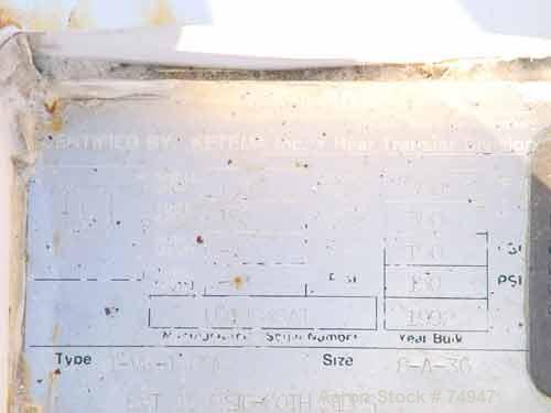 USED: Ketema single pass shell and tube heat exchanger, 39 square feet, size 8-A-36, Alloy 20 product contact areas, horizontal. Carbon steel shell rated 150 psi at 350 deg F; (72) 5/8" diameter x 3'...
