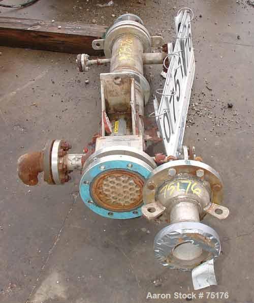 USED: Ketema single pass shell and tube heat exchanger, 23 sq ft, size 6-B-48, vertical. Stainless steel shell rated 150 psi at 350deg F, (30) 3/4" diameter x 4' long Carpenter 20 tubes rated 150 psi...
