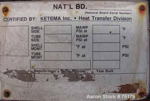 USED: Ketema single pass shell and tube heat exchanger, 23 sq ft, size 6-B-48, vertical. Stainless steel shell rated 150 psi at 350deg F, (30) 3/4" diameter x 4' long Carpenter 20 tubes rated 150 psi...
