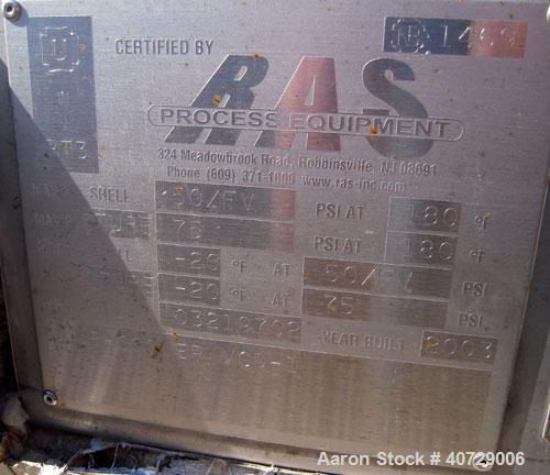 Used RAS Process Equipment 2 Pass Shell and Tube Heat Exchanger, 193 square feet, horizontal, type BEM 10-144. 316L stainless steel shell rated 50 psi/FV at 180 deg F. (82) 3/4'' diameter x 12' long ...