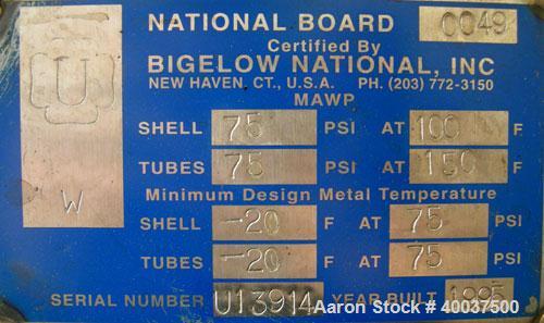Used- Bigelow National 2 Pass U Tube Heat Exchanger, 106 square feet, horizontal. Carbon steel shell rated 75 psi at 100 deg...