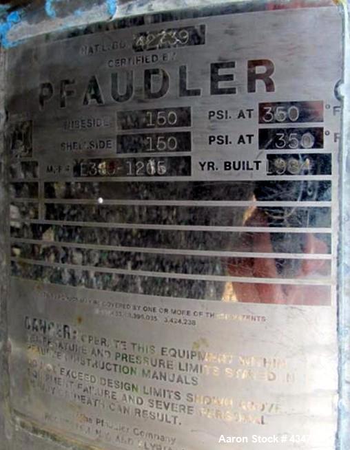 Used Pfaudler Shell & Tube Heat Exchanger, 367 Square Feet, Model 16108-BEM. Hastelloy B2 tubes, tube sheets and bonnets. (208) 0.75" Diameter x 9' long tubes rated 150 psi at 350 degrees F. Carbon s...