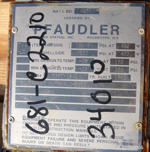 Used Pfaudler Single Pass Shell & Tube Heat Exchanger, 15.2 square feet, horizontal. Carbon steel shell rated 100 psi at -20 to 400 deg F. (26) 3/4'' Diameter x 3’ long Hastelloy B tubes rated 150/FV...
