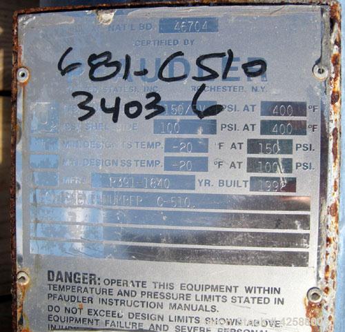 Used Pfaudler Single Pass Shell & Tube Heat Exchanger, 15.2 square feet, vertical. Carbon steel shell rated 100 psi at -20 to 400 deg F. (26) 3/4'' Diameter x 3’ long Hastelloy B tubes rated 150/FV p...
