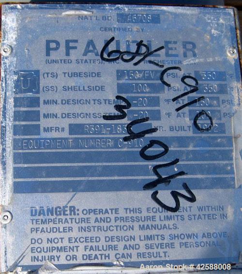 Used Pfaudler Single Pass Shell & Tube Heat Exchanger, 23.5 square feet, horizontal. Carbon steel shell rated 100 psi at -20 to 350 deg F. (40) 3/4" Diameter x 3’ long Hastelloy B tubes rated 150/FV ...