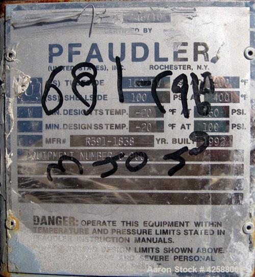 Used Pfaudler Single Pass Shell & Tube Heat Exchanger, 15.2 square feet, horizontal. Carbon steel shell rated 100 psi at -20 to 400 deg F. (26) 3/4'' Diameter x 3’ long Hastelloy B tubes rated 150/FV...