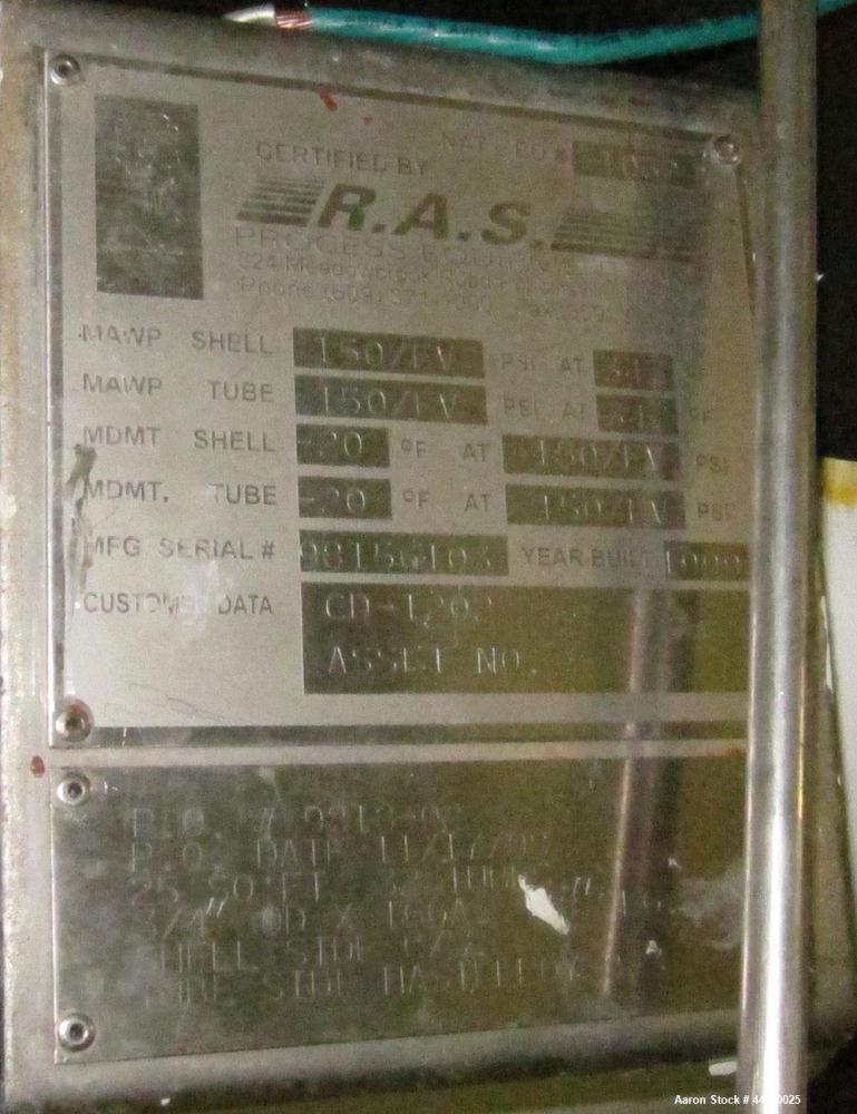 Used RAS Process Equipment Horizontal Heat Exchanger / Condenser, 25 Square Feet. Shell (Sa-106-B) rated 150 psi & Full Vacuum at 347 degrees F, Hastelloy B-3 tubes (SB-626 B3) rated 150 psi & Full V...
