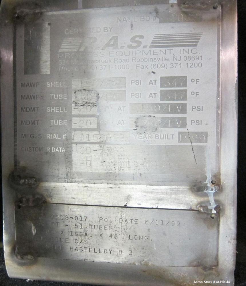 Used RAS Process Equipment Horizontal Heat Exchanger / Condenser, 40 Square Feet. Shell (Sa-106-B) rated 150 psi & Full Vacuum at 347 degrees F, Hastelloy B-3 tubes (SB-626 B3) rated 300 psi & Full V...