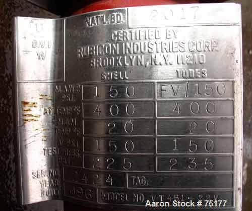 Used Rubicon Single Pass Shell & Tube Heat Exchanger, 14 Square Feet, Model VT4B1-72V, Hastelloy C276, Vertical. Carbon steel shell rated 150 psi at 400 deg F. (12) 3/4" Diameter x 6' long tubes rate...